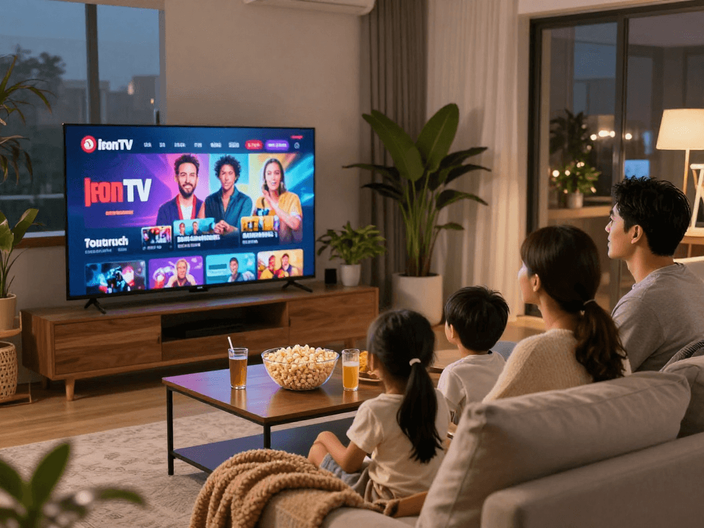 Famille profitant de leur abonnement Iron TV dans un salon moderne