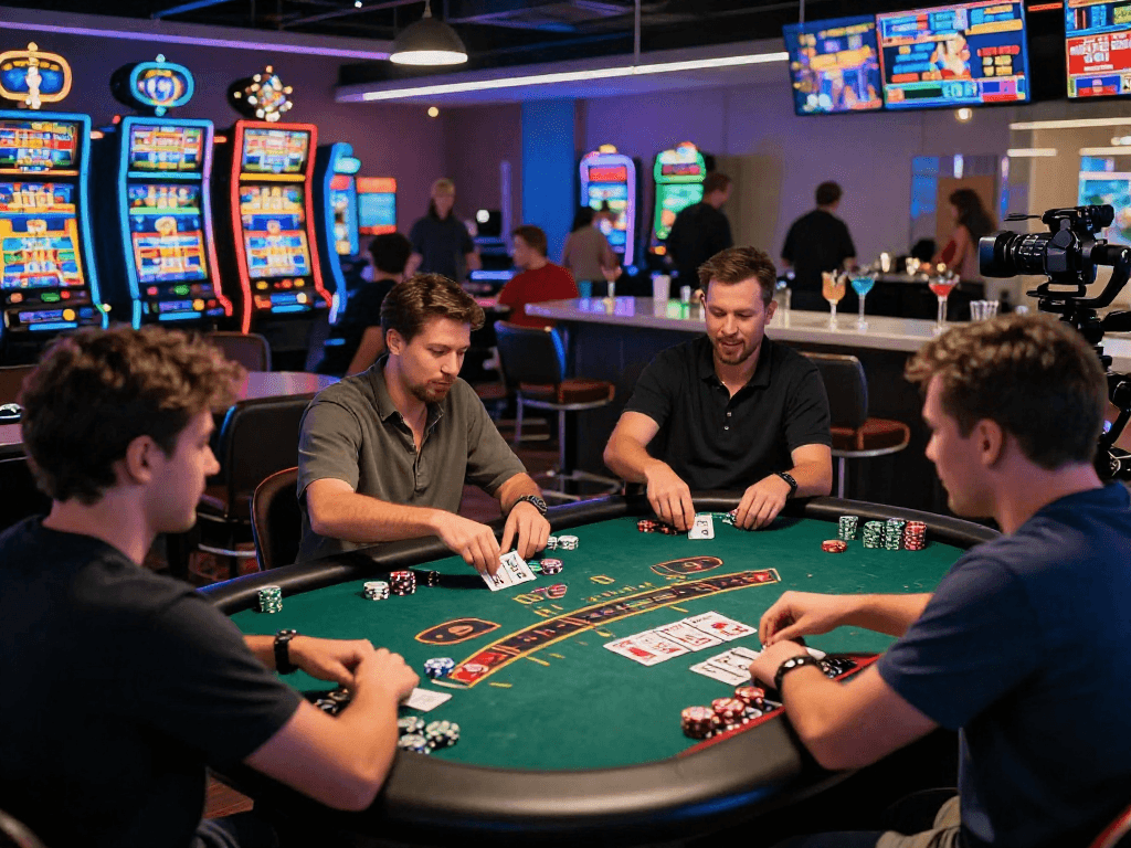 Casino en ligne : joueurs enthousiastes autour d'une table de blackjack avec une ambiance lumineuse et festive.