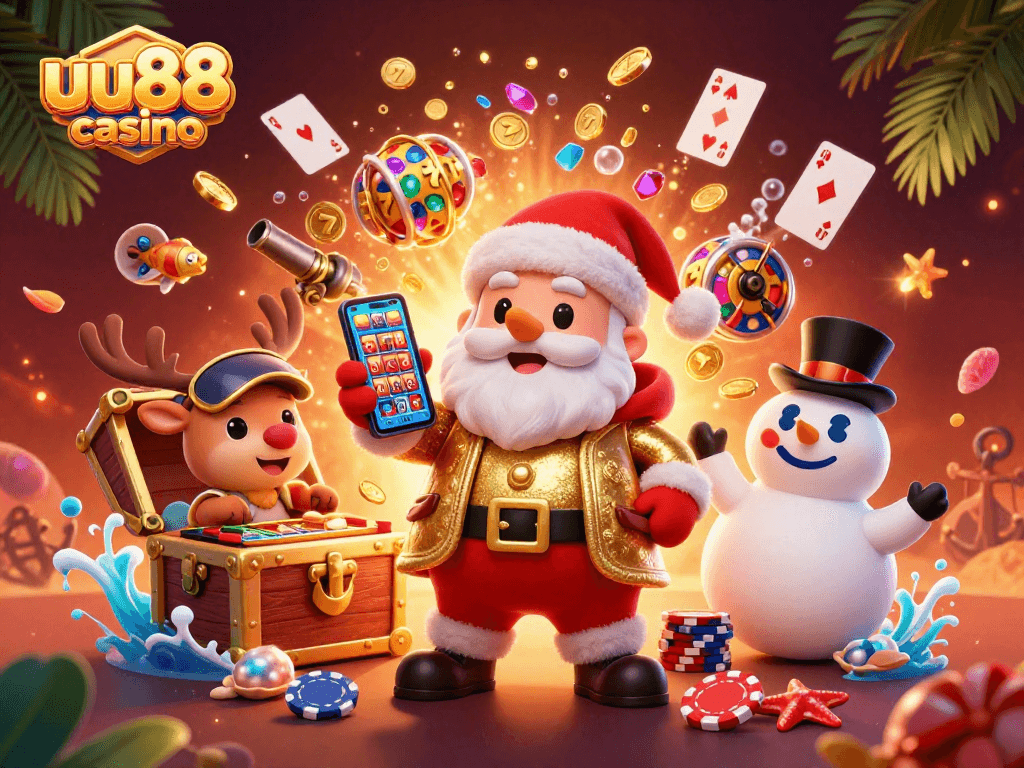 Experience the excitement of uu88 casino with Santa, reindeer dealer, and a snowman sidekick in a vibrant 3D scene.