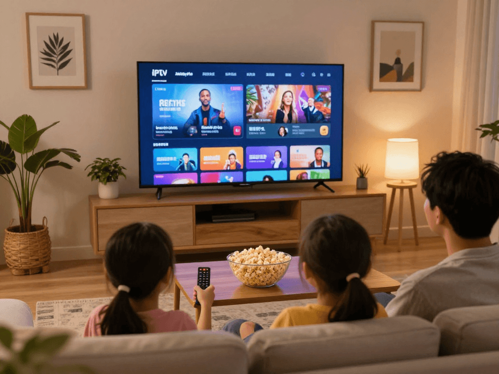 Vue familiale utilisant Atlas pro ontv pour regarder des chaînes IPTV en haute définition dans un salon confortable