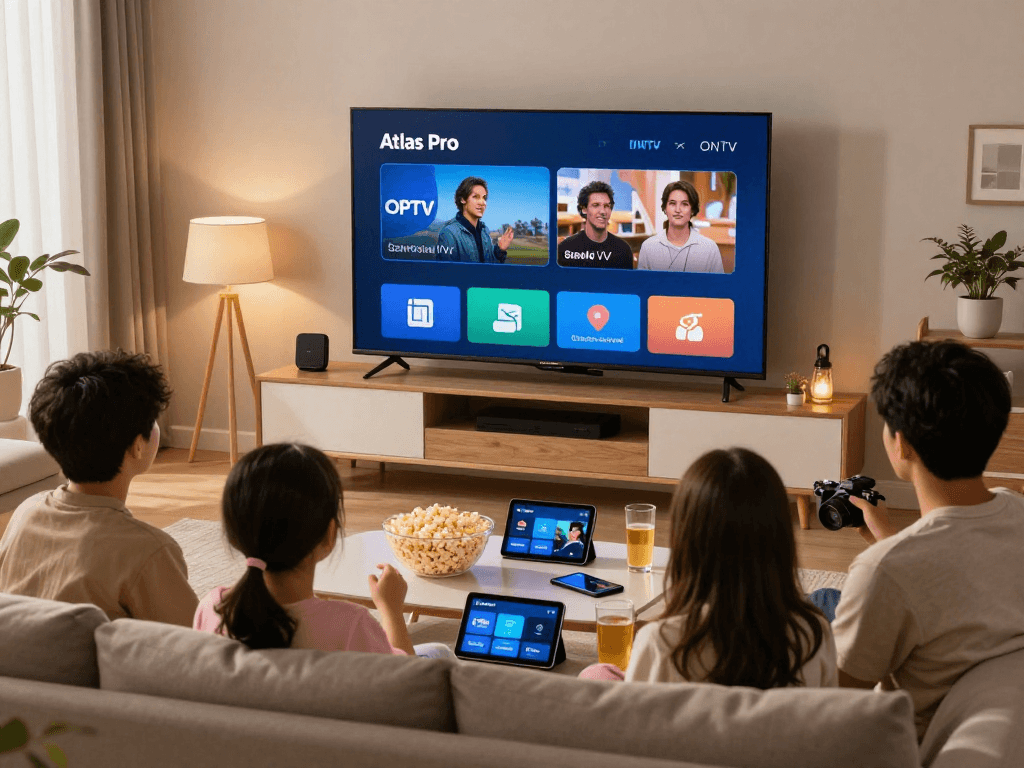 Profitez de l'application atlas pro avec votre famille dans un salon moderne.