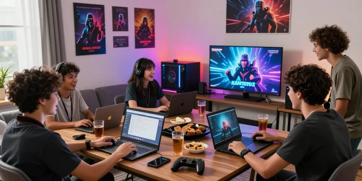Pengguna kangtoto2 bermain game online bersama teman-teman di ruang santai yang ceria.