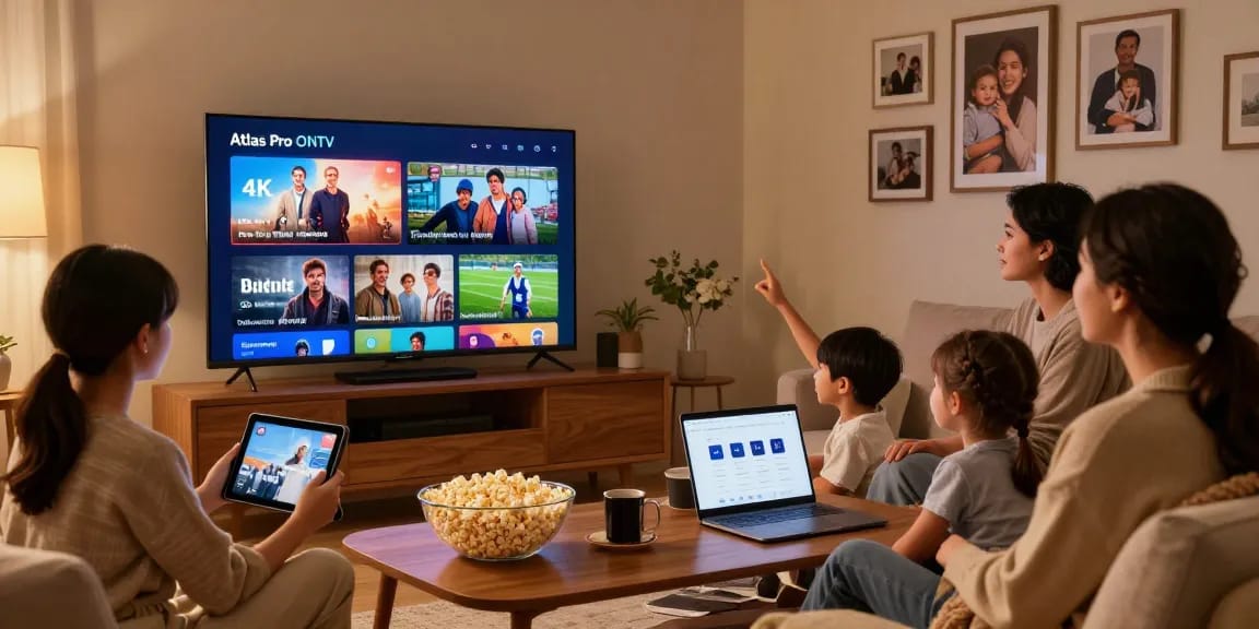 Famille regardant Atlas pro ontv sur TV avec des films HD et 4K.