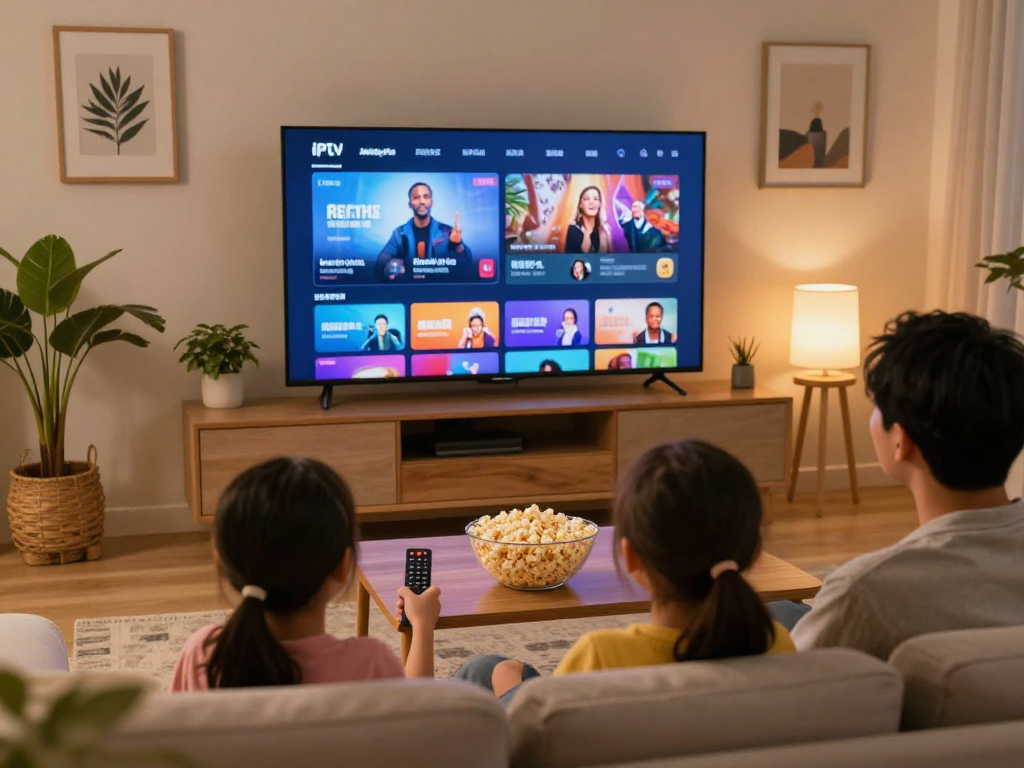Vue familiale utilisant Atlas pro ontv pour regarder des chaînes IPTV en haute définition dans un salon confortable